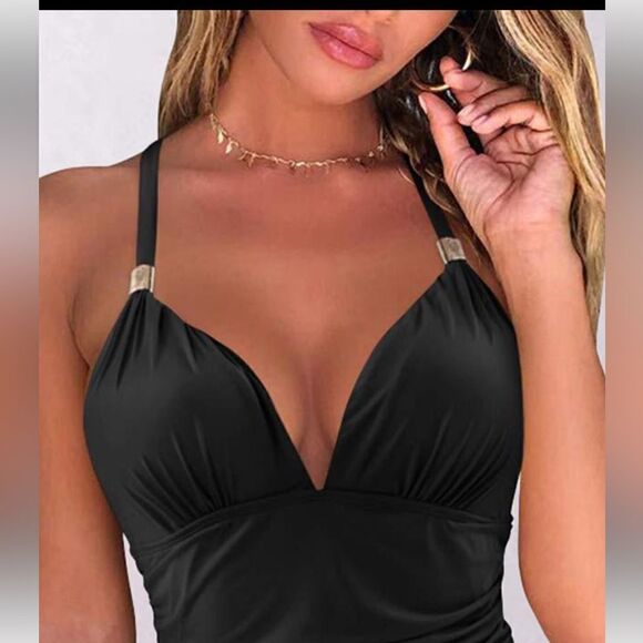 Black Halter Backless Ruched One Piece Swimsuit. - Picture 2 of 6